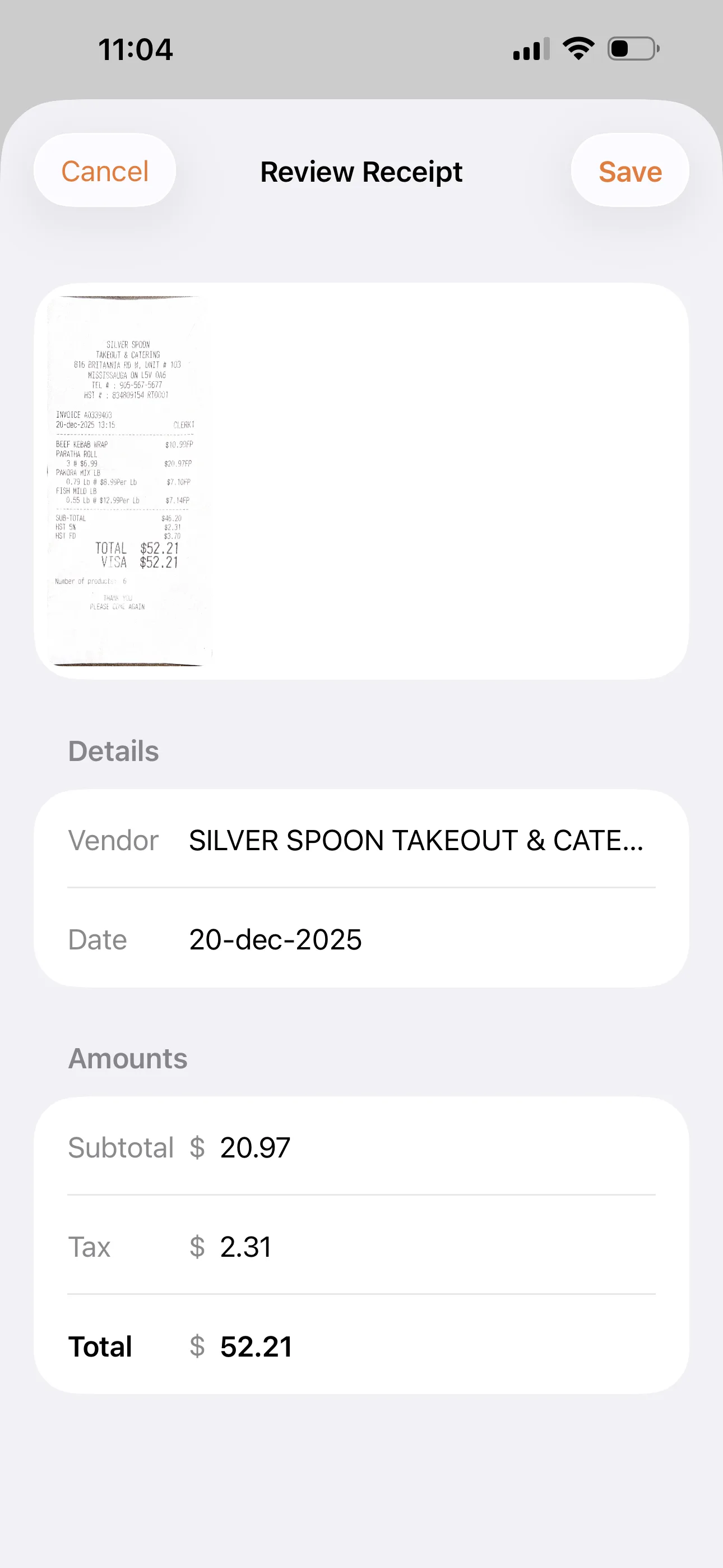 Receipt detail view with export options